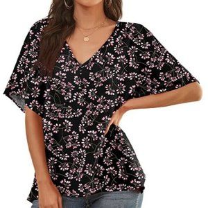 Feiersi Womens Floral Chiffon Blouses V Neck Batwing Short Sleeve Summer Top M